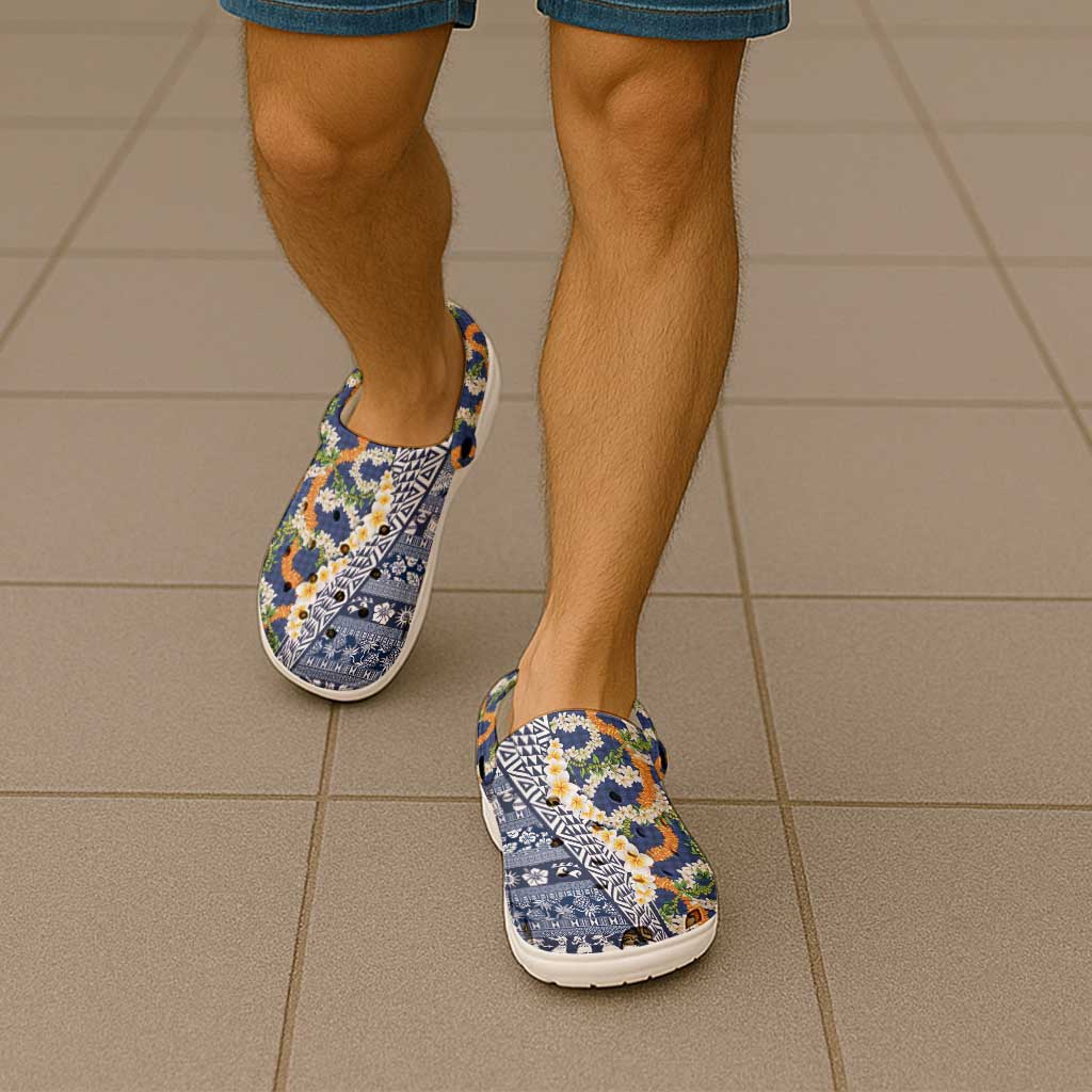 Hawaiian Plumeria Lei Clogs Shoes Kakau Motifs and Palaka Half Style Blue Color LT03