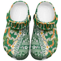 Hawaiian Plumeria Lei Clogs Shoes Kakau Motifs and Palaka Half Style Green Color LT03