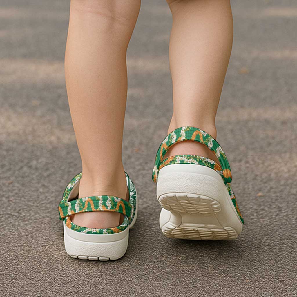 Hawaiian Plumeria Lei Clogs Shoes Kakau Motifs and Palaka Half Style Green Color LT03