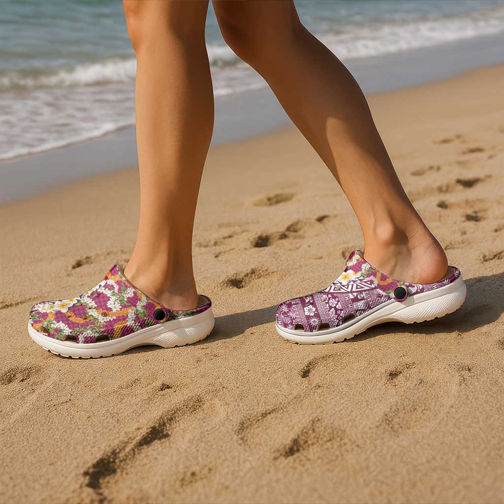 Hawaiian Plumeria Lei Clogs Shoes Kakau Motifs and Palaka Half Style Pink Color LT03