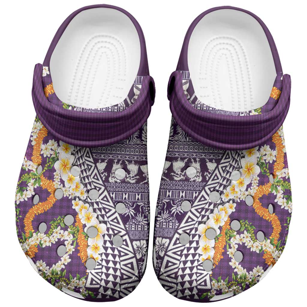 Hawaiian Plumeria Lei Clogs Shoes Kakau Motifs and Palaka Half Style Purple Color - Polynesian Pride