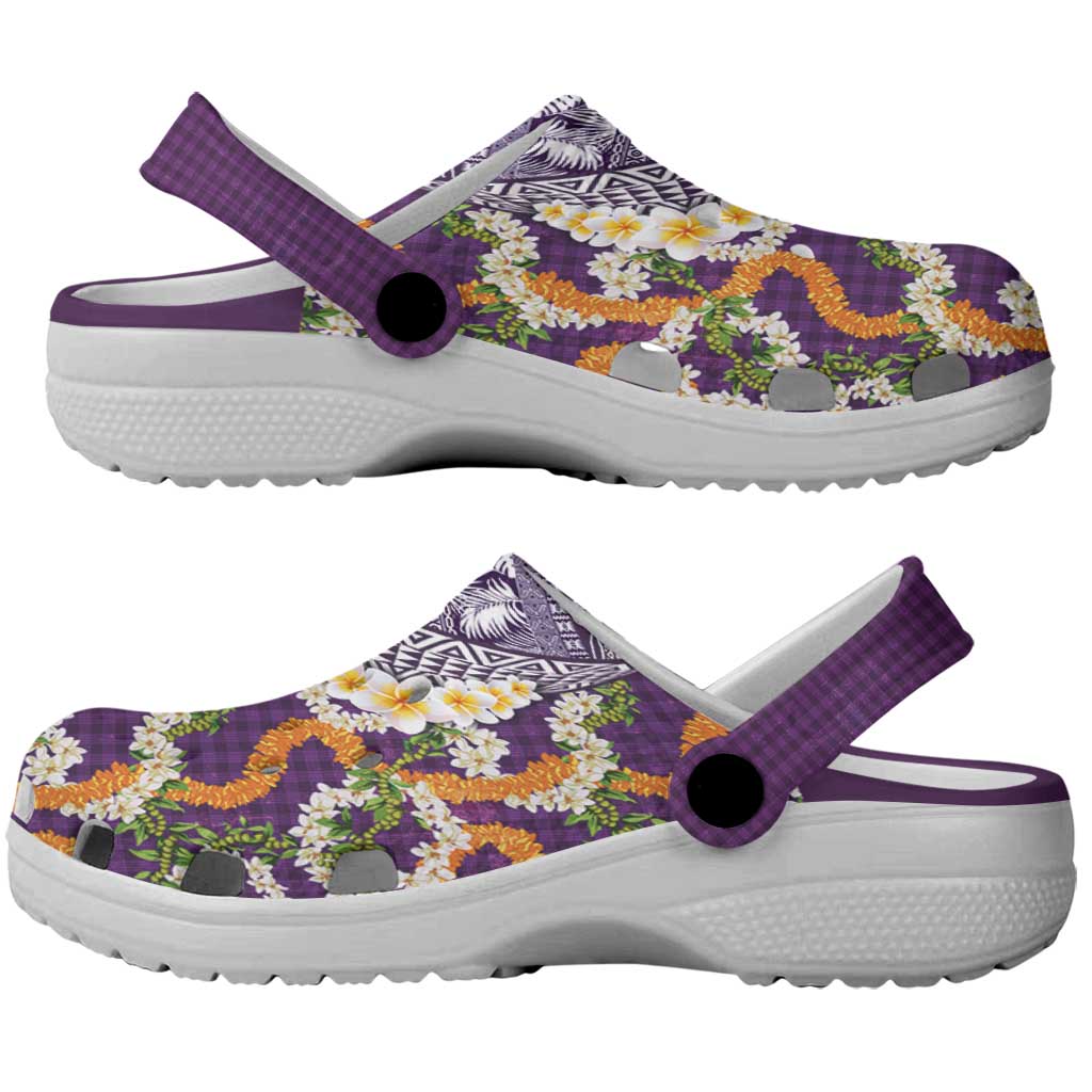 Hawaiian Plumeria Lei Clogs Shoes Kakau Motifs and Palaka Half Style Purple Color - Polynesian Pride