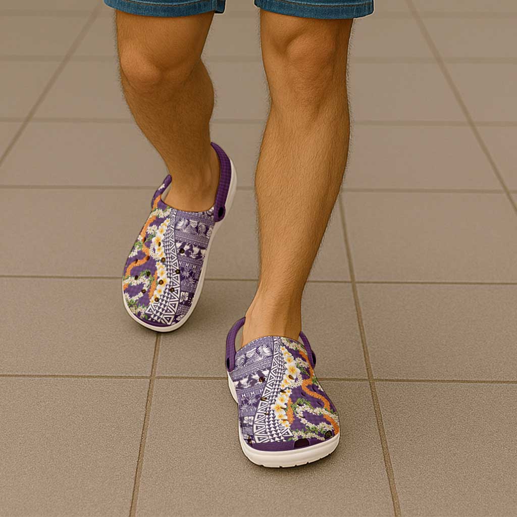 Hawaiian Plumeria Lei Clogs Shoes Kakau Motifs and Palaka Half Style Purple Color - Polynesian Pride