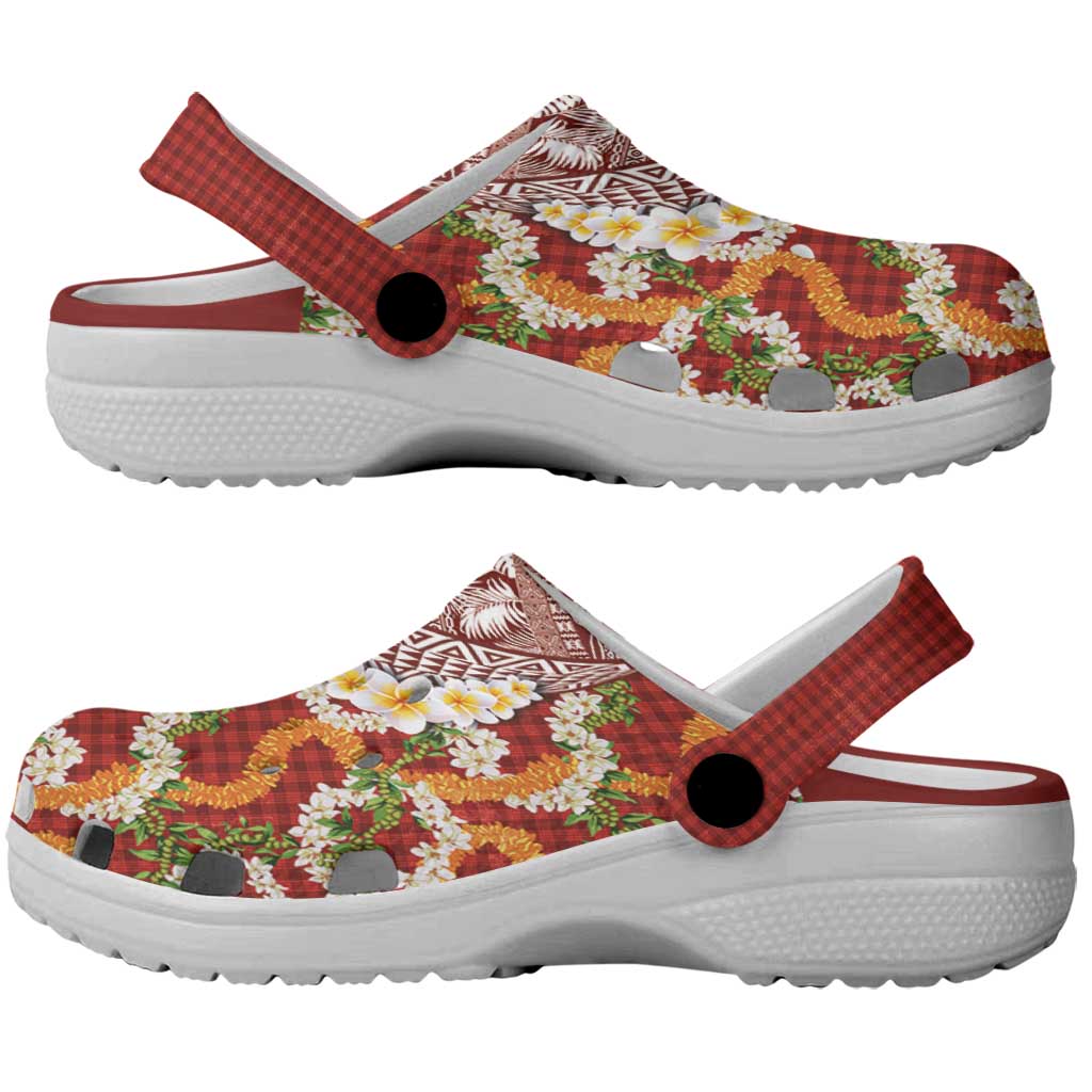 Hawaiian Plumeria Lei Clogs Shoes Kakau Motifs and Palaka Half Style Red Color - Polynesian Pride