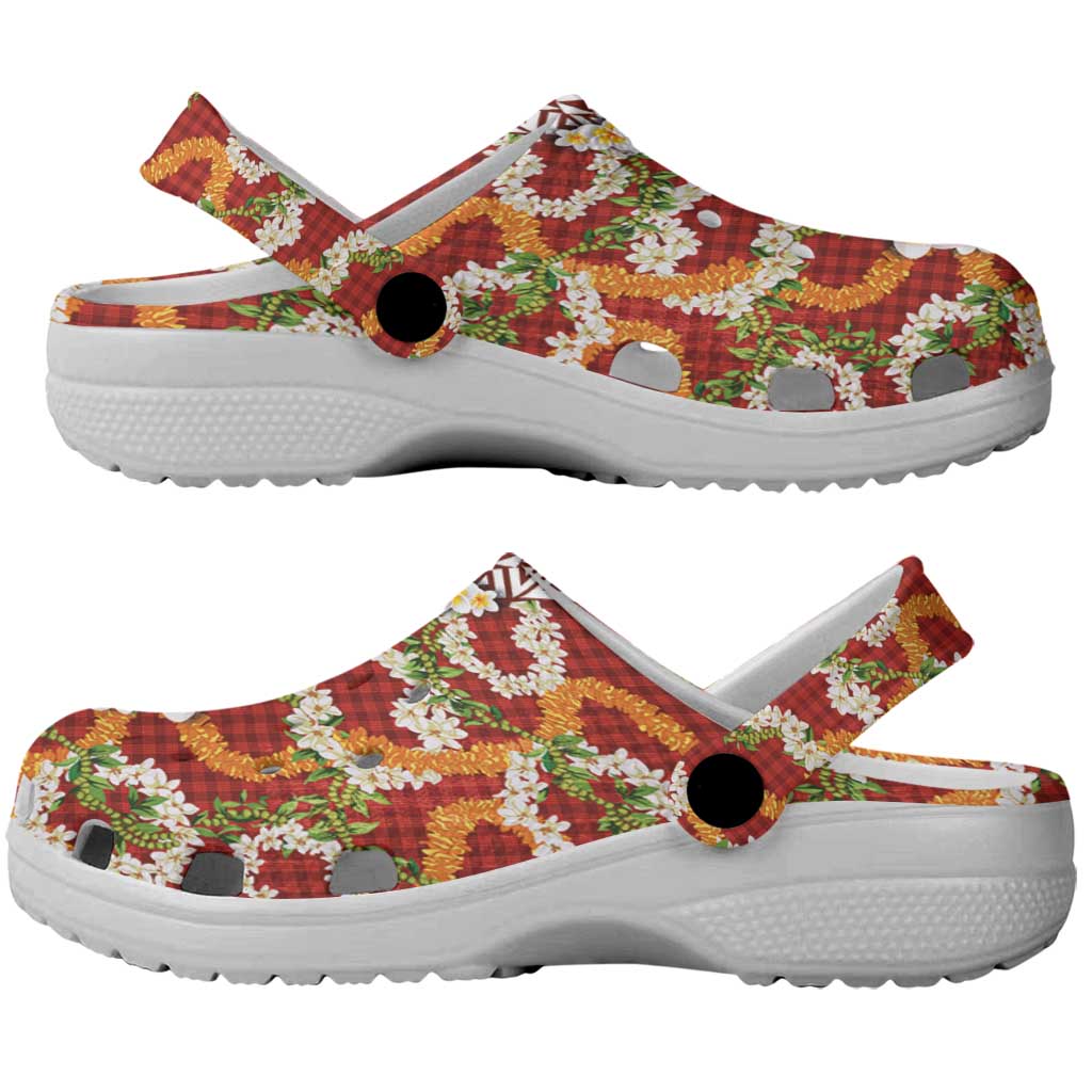 Hawaiian Plumeria Lei Clogs Shoes Kakau Motifs and Palaka Half Style Red Color LT03