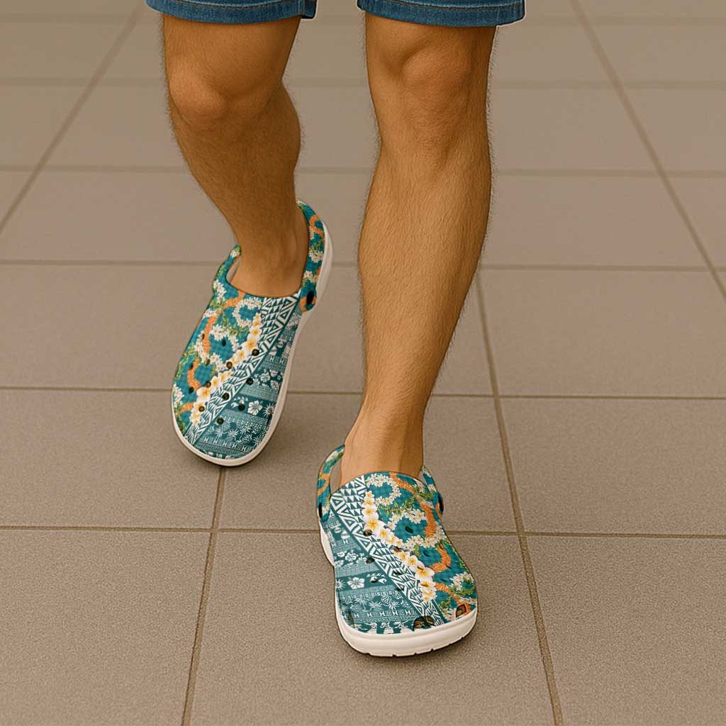 Hawaiian Plumeria Lei Clogs Shoes Kakau Motifs and Palaka Half Style Turquoise Color LT03