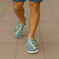 Hawaiian Plumeria Lei Clogs Shoes Kakau Motifs and Palaka Half Style Turquoise Color LT03