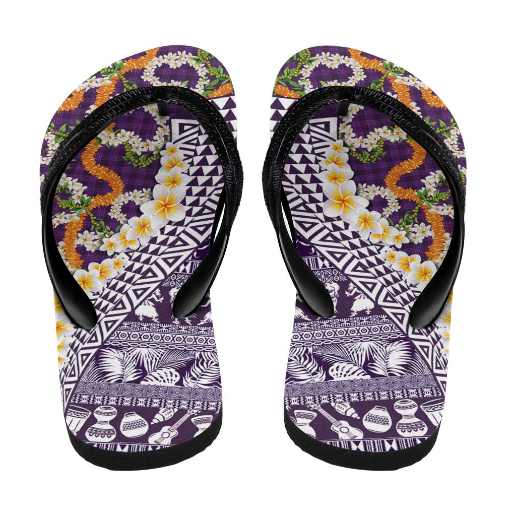 Hawaiian Plumeria Lei Flip Flops Kakau Motifs and Palaka Half Style Purple Color - Polynesian Pride