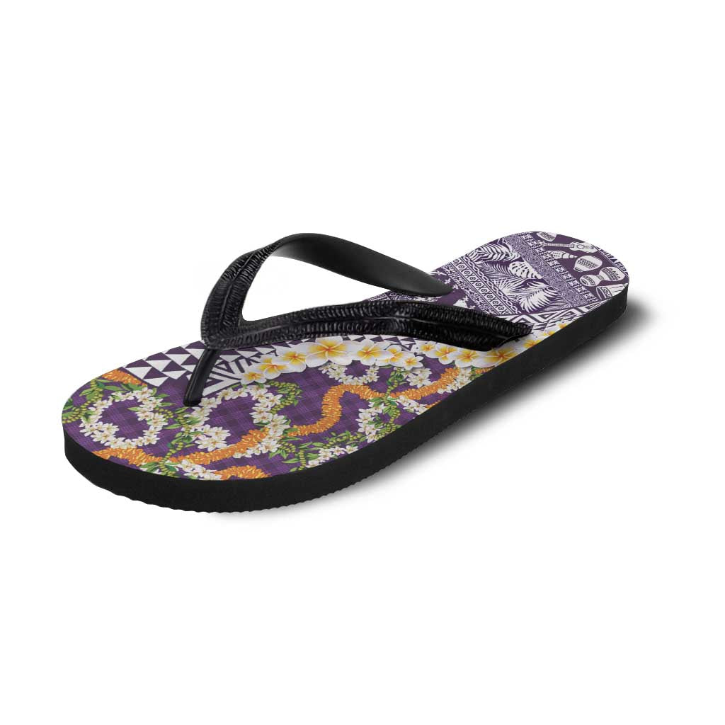 Hawaiian Plumeria Lei Flip Flops Kakau Motifs and Palaka Half Style Purple Color - Polynesian Pride