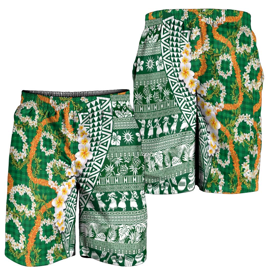 Hawaiian Plumeria Lei Shorts for Men Kakau Motifs and Palaka Half Style Green Color - Polynesian Pride