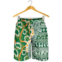 Hawaiian Plumeria Lei Shorts for Men Kakau Motifs and Palaka Half Style Green Color - Polynesian Pride