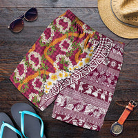Hawaiian Plumeria Lei Shorts for Men Kakau Motifs and Palaka Half Style Pink Color - Polynesian Pride