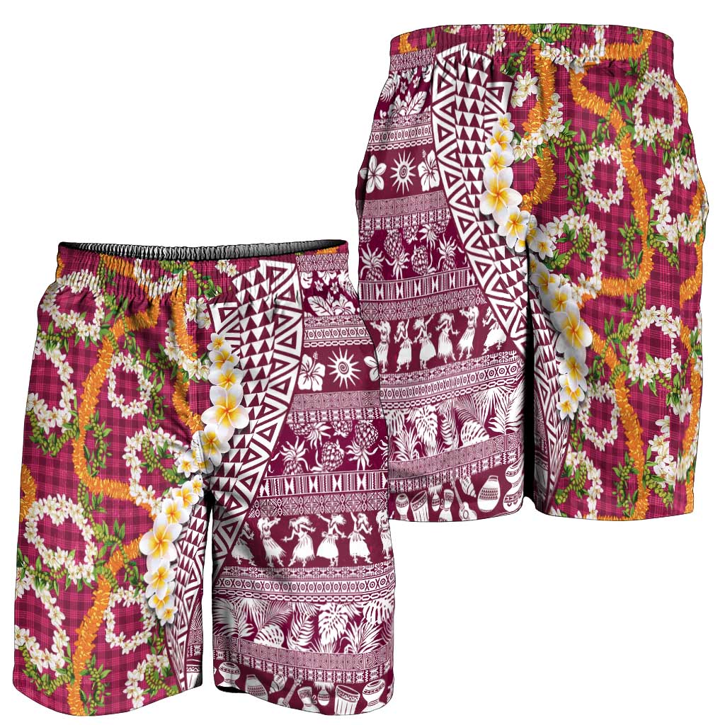 Hawaiian Plumeria Lei Shorts for Men Kakau Motifs and Palaka Half Style Pink Color - Polynesian Pride