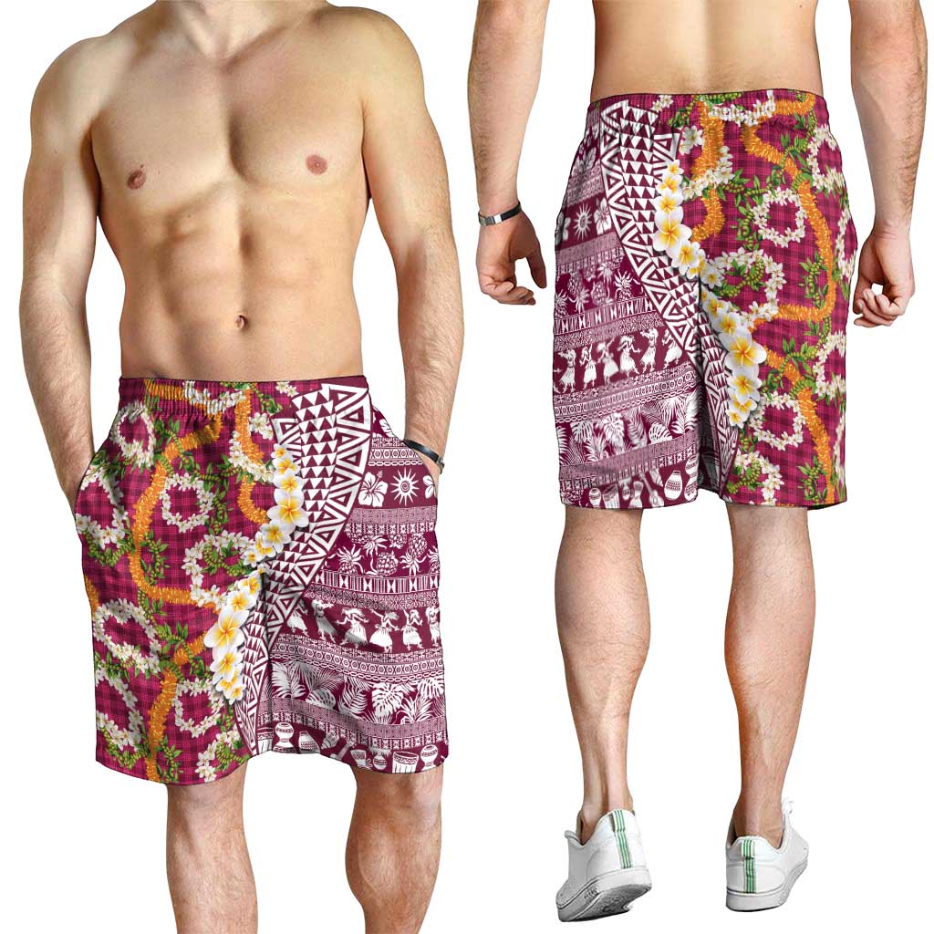 Hawaiian Plumeria Lei Shorts for Men Kakau Motifs and Palaka Half Style Pink Color - Polynesian Pride