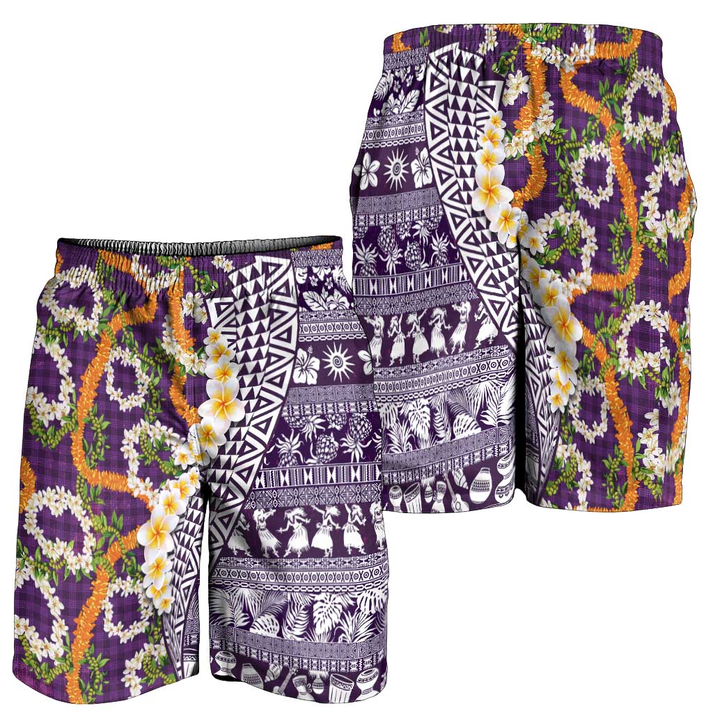 Hawaiian Plumeria Lei Shorts for Men Kakau Motifs and Palaka Half Style Purple Color - Polynesian Pride