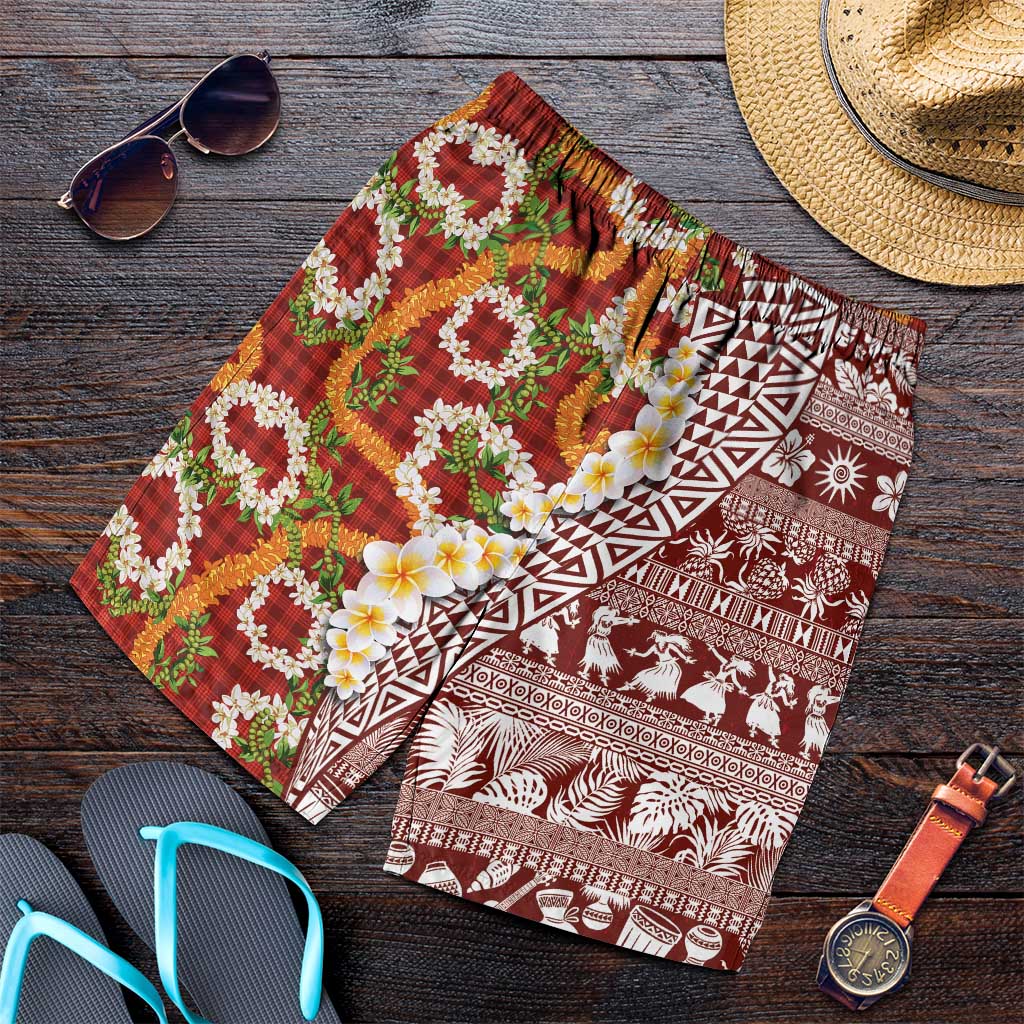Hawaiian Plumeria Lei Shorts for Men Kakau Motifs and Palaka Half Style Red Color - Polynesian Pride