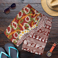 Hawaiian Plumeria Lei Shorts for Men Kakau Motifs and Palaka Half Style Red Color - Polynesian Pride