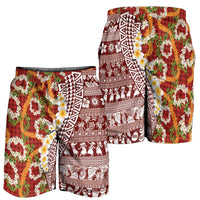 Hawaiian Plumeria Lei Shorts for Men Kakau Motifs and Palaka Half Style Red Color - Polynesian Pride