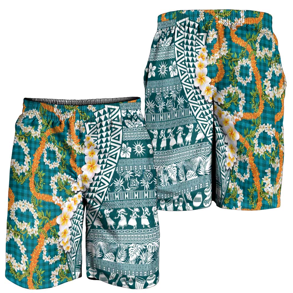 Hawaiian Plumeria Lei Shorts for Men Kakau Motifs and Palaka Half Style Turquoise Color - Polynesian Pride
