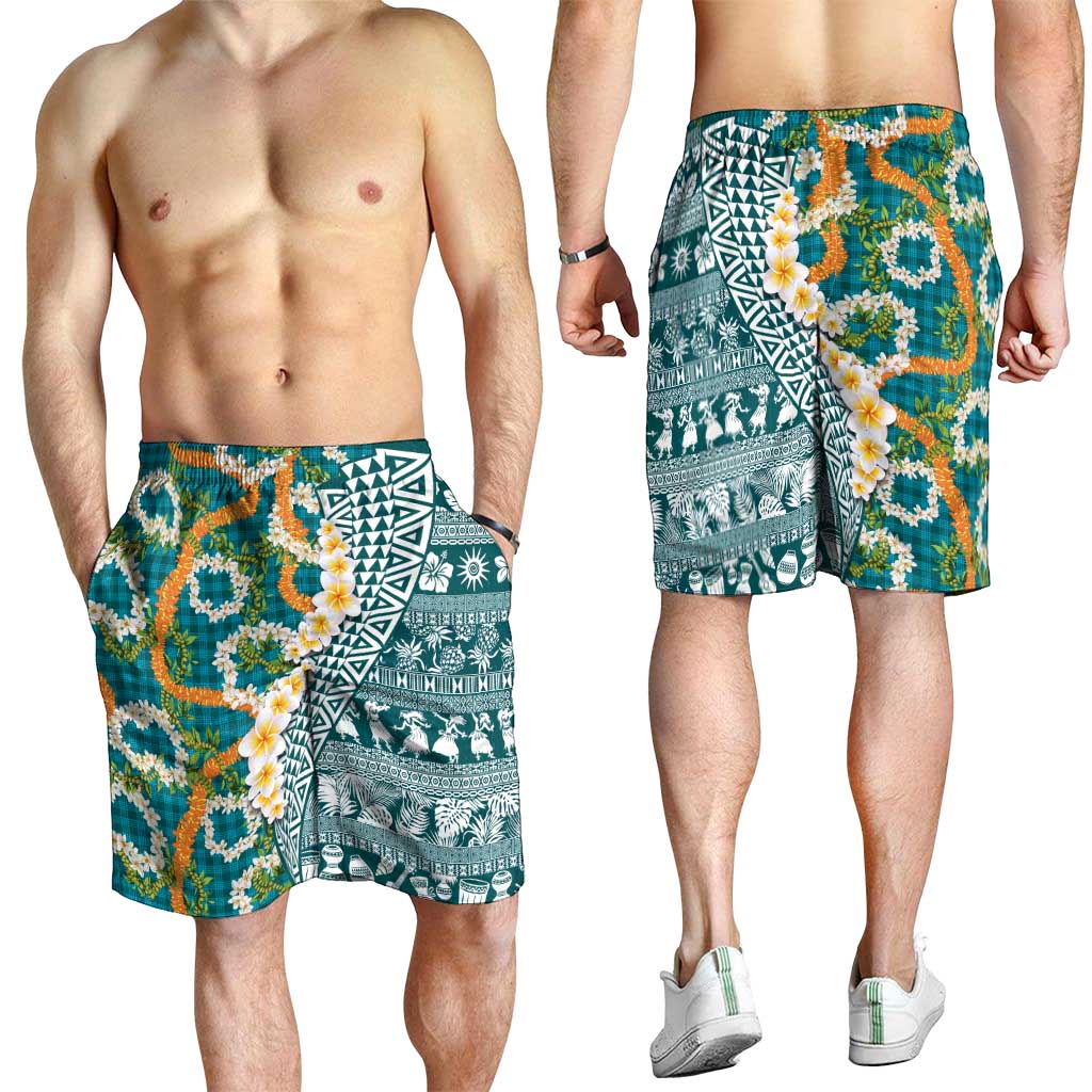 Hawaiian Plumeria Lei Shorts for Men Kakau Motifs and Palaka Half Style Turquoise Color - Polynesian Pride