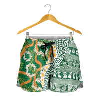Hawaiian Plumeria Lei Shorts for Women Kakau Motifs and Palaka Half Style Green Color - Polynesian Pride