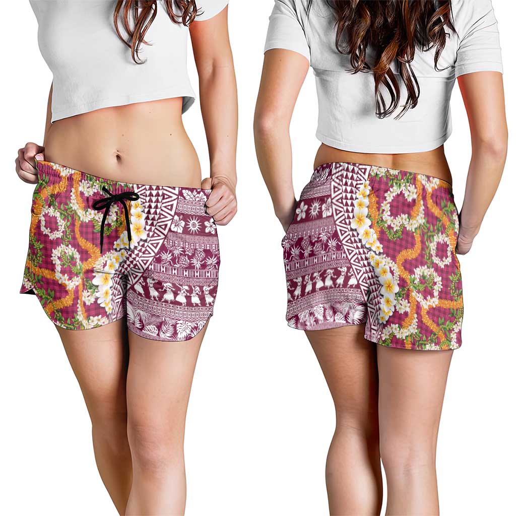 Hawaiian Plumeria Lei Shorts for Women Kakau Motifs and Palaka Half Style Pink Color - Polynesian Pride