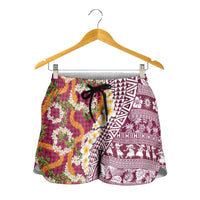 Hawaiian Plumeria Lei Shorts for Women Kakau Motifs and Palaka Half Style Pink Color - Polynesian Pride
