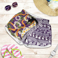 Hawaiian Plumeria Lei Shorts for Women Kakau Motifs and Palaka Half Style Purple Color - Polynesian Pride