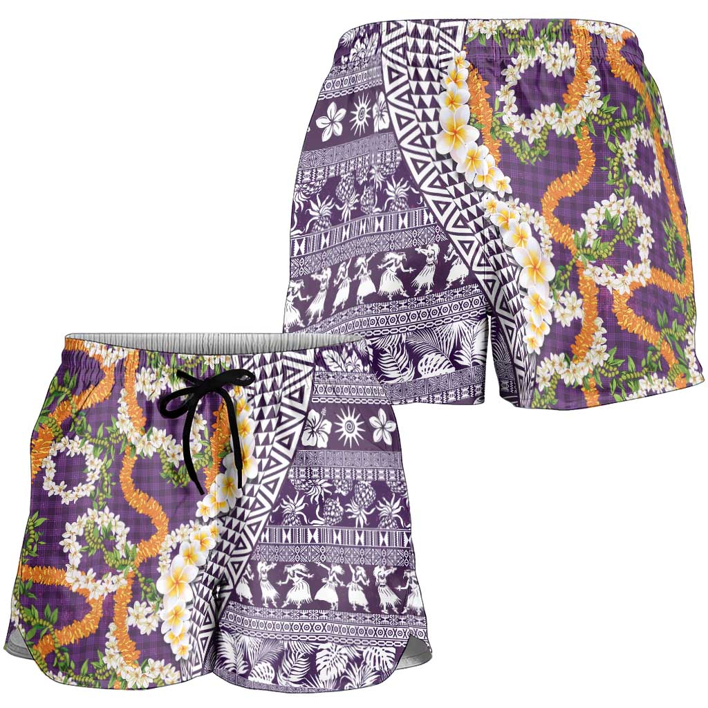 Hawaiian Plumeria Lei Shorts for Women Kakau Motifs and Palaka Half Style Purple Color - Polynesian Pride