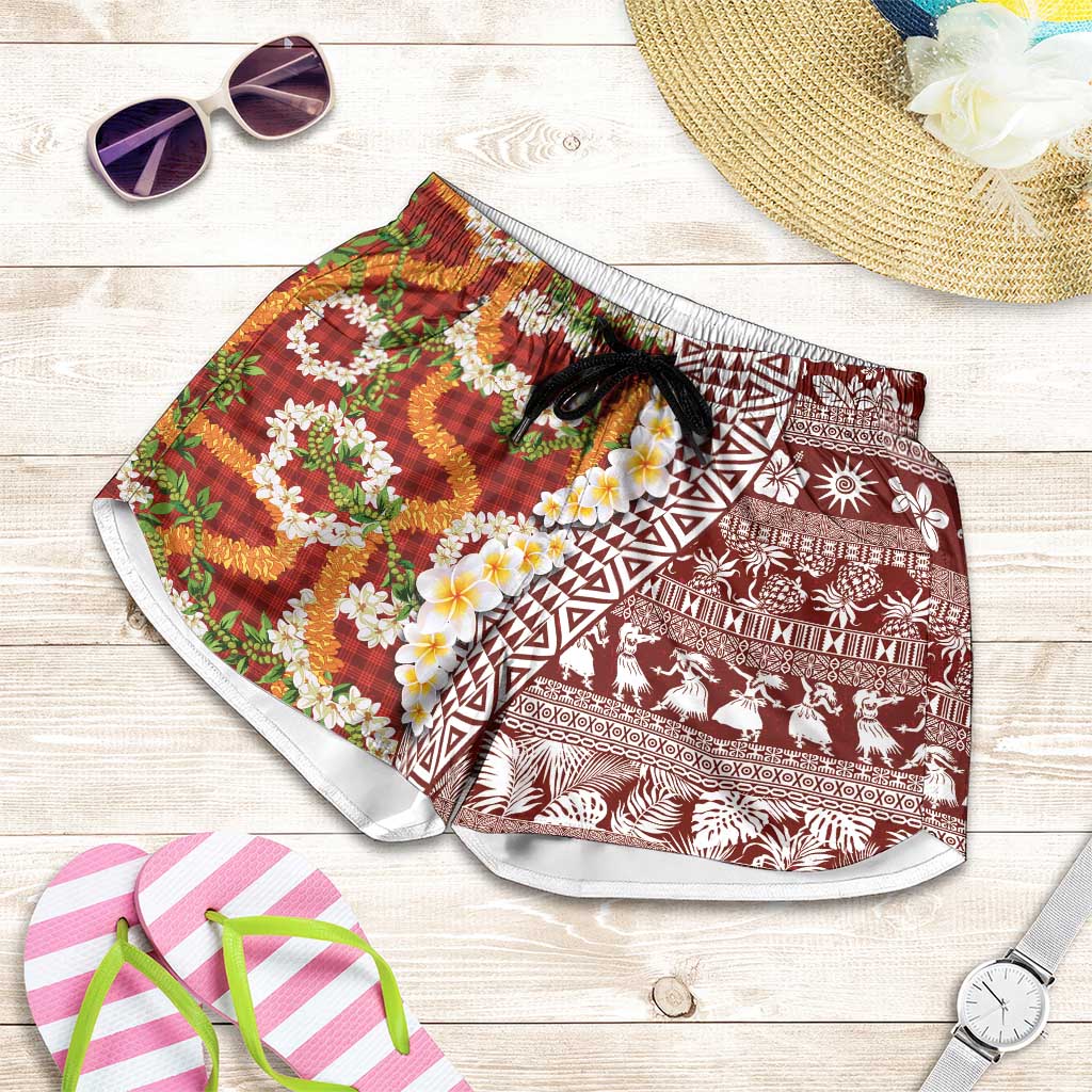 Hawaiian Plumeria Lei Shorts for Women Kakau Motifs and Palaka Half Style Red Color - Polynesian Pride