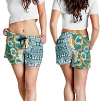 Hawaiian Plumeria Lei Shorts for Women Kakau Motifs and Palaka Half Style Turquoise Color - Polynesian Pride