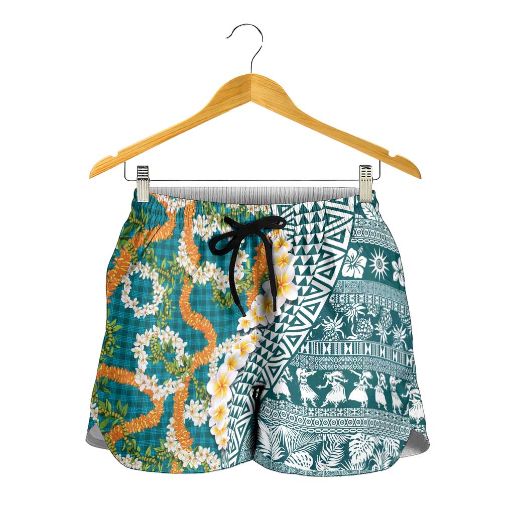 Hawaiian Plumeria Lei Shorts for Women Kakau Motifs and Palaka Half Style Turquoise Color - Polynesian Pride