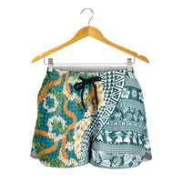 Hawaiian Plumeria Lei Shorts for Women Kakau Motifs and Palaka Half Style Turquoise Color - Polynesian Pride
