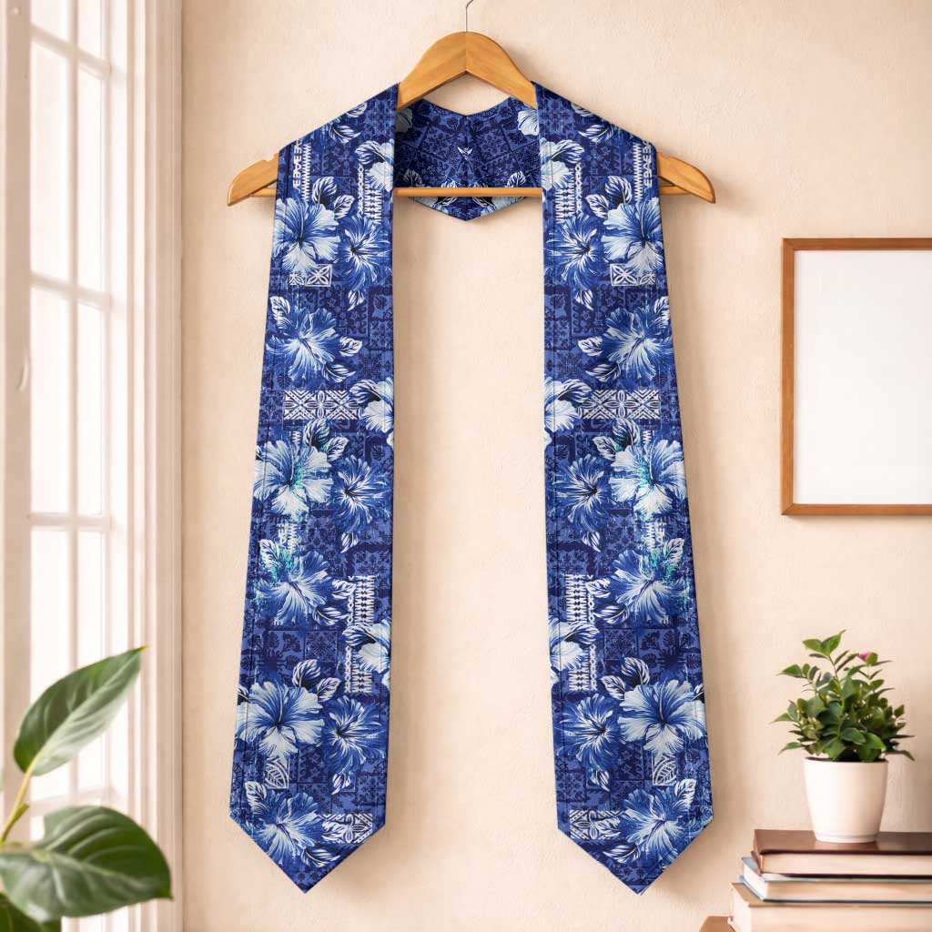 Hawaiian Quilt Pattern Graduation Stole Hibiscus and Tribal Element Vintage Blue Vibe