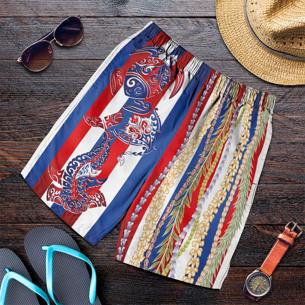 Hawaiian Sea Animals Shorts for Men with Lei and Flag Style