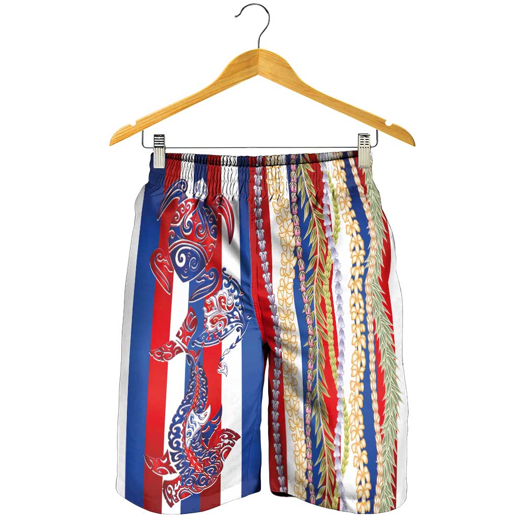 Hawaiian Sea Animals Shorts for Men with Lei and Flag Style