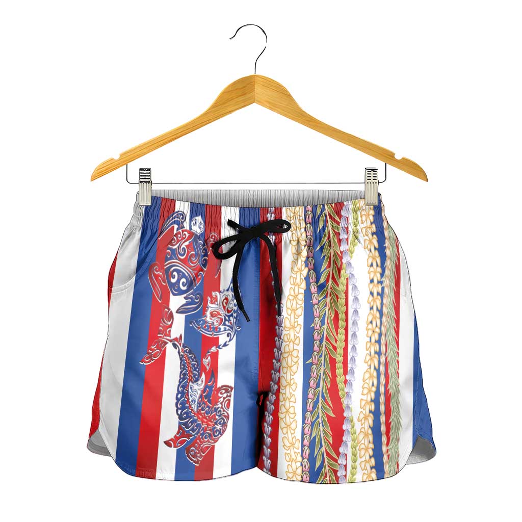 Hawaiian Sea Animals Shorts for Women with Lei and Flag Style LT03 - Polynesian Pride