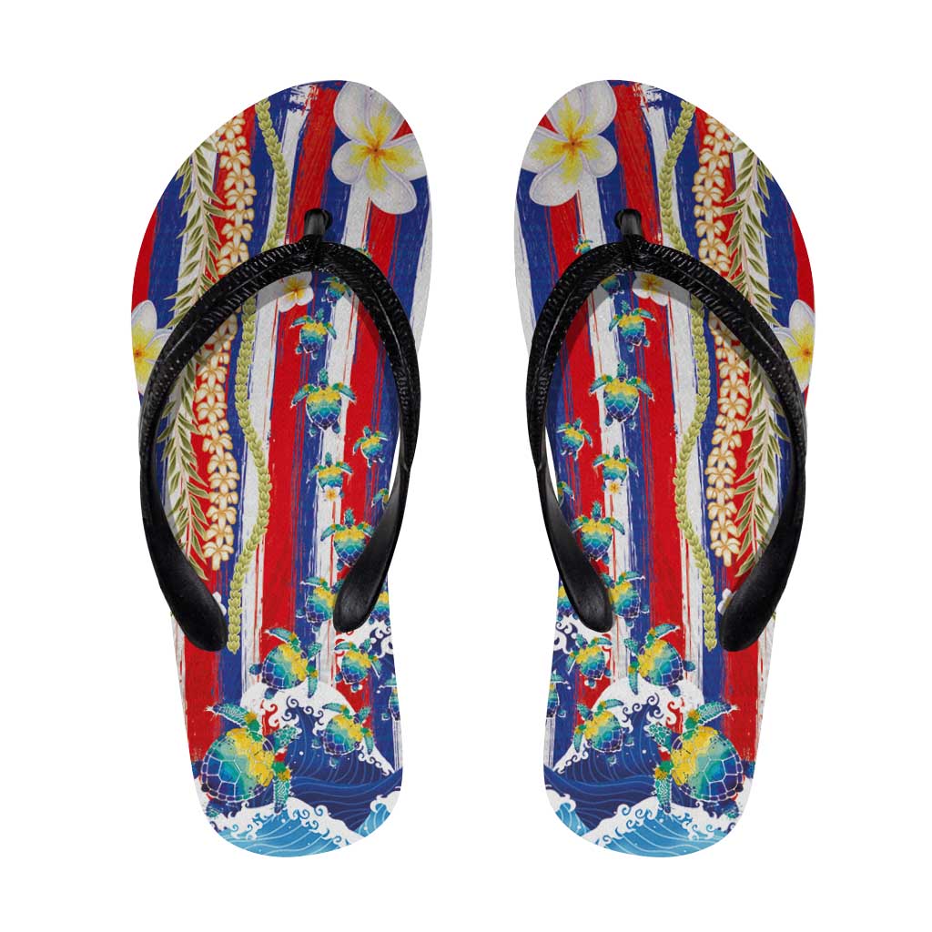 Hawaiian Sea Turtles and Plumeria Flip Flops with Lei and Flag Grunge Style LT03 Multicolor - Polynesian Pride