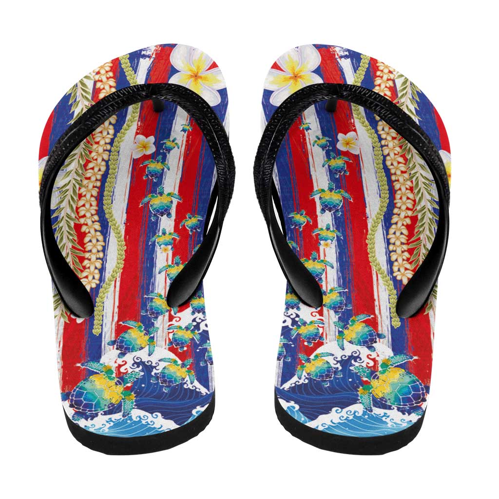 Hawaiian Sea Turtles and Plumeria Flip Flops with Lei and Flag Grunge Style LT03 - Polynesian Pride