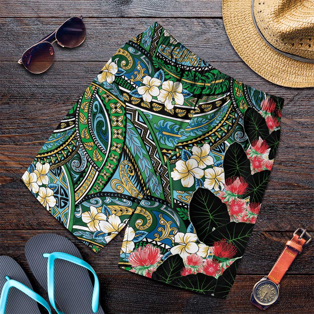Hawaiian Taro Leaves and Ohia Lehua Shorts for Men Polynesian Tribal Art Tropical Plants Motifs Colorful