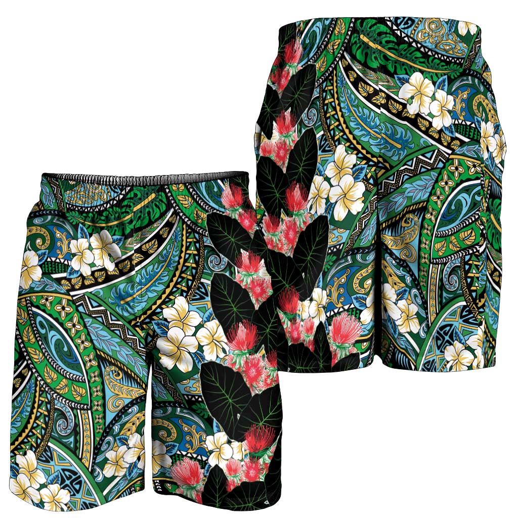 Hawaiian Taro Leaves and Ohia Lehua Shorts for Men Polynesian Tribal Art Tropical Plants Motifs Colorful