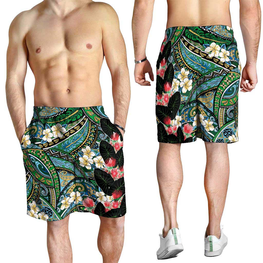 Hawaiian Taro Leaves and Ohia Lehua Shorts for Men Polynesian Tribal Art Tropical Plants Motifs Colorful
