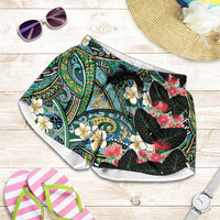 Hawaiian Taro Leaves and Ohia Lehua Shorts for Women Polynesian Tribal Art Tropical Plants Motifs Colorful