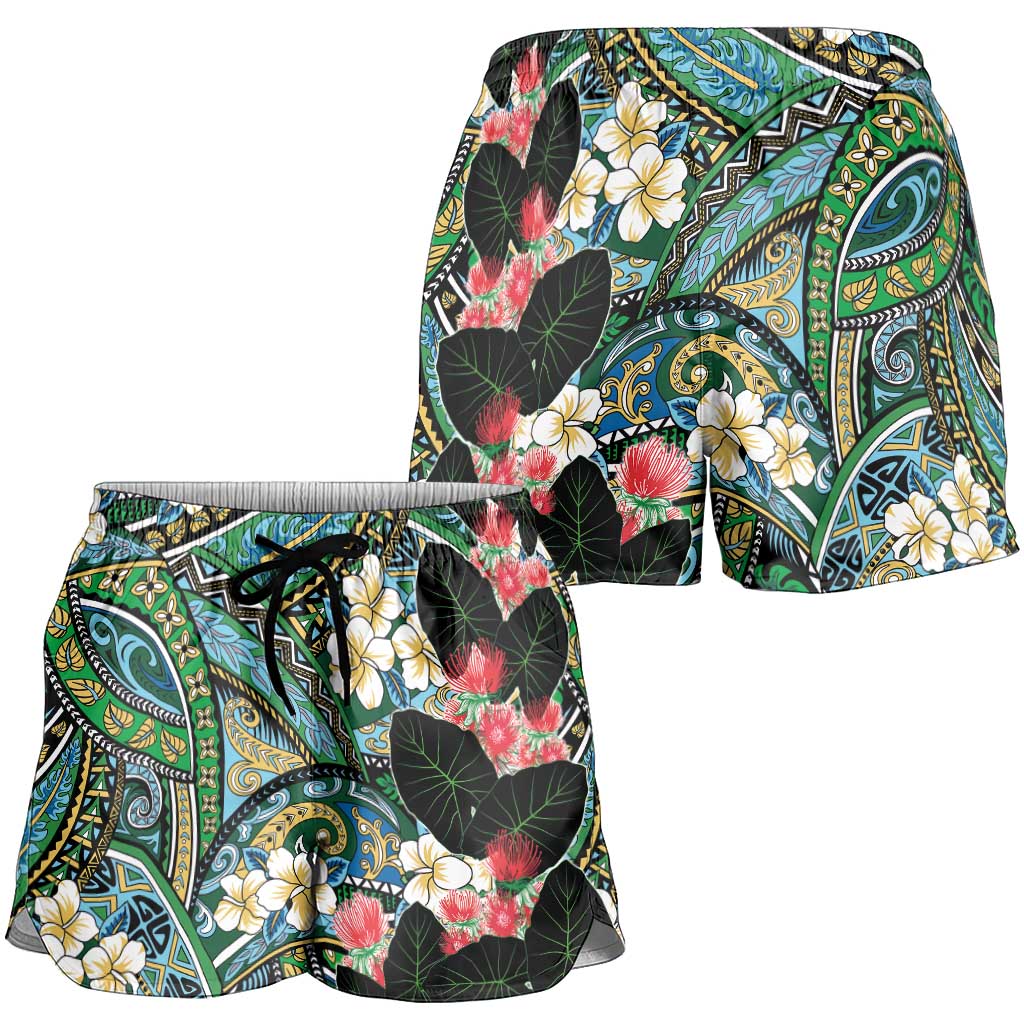 Hawaiian Taro Leaves and Ohia Lehua Shorts for Women Polynesian Tribal Art Tropical Plants Motifs Colorful