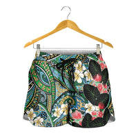 Hawaiian Taro Leaves and Ohia Lehua Shorts for Women Polynesian Tribal Art Tropical Plants Motifs Colorful