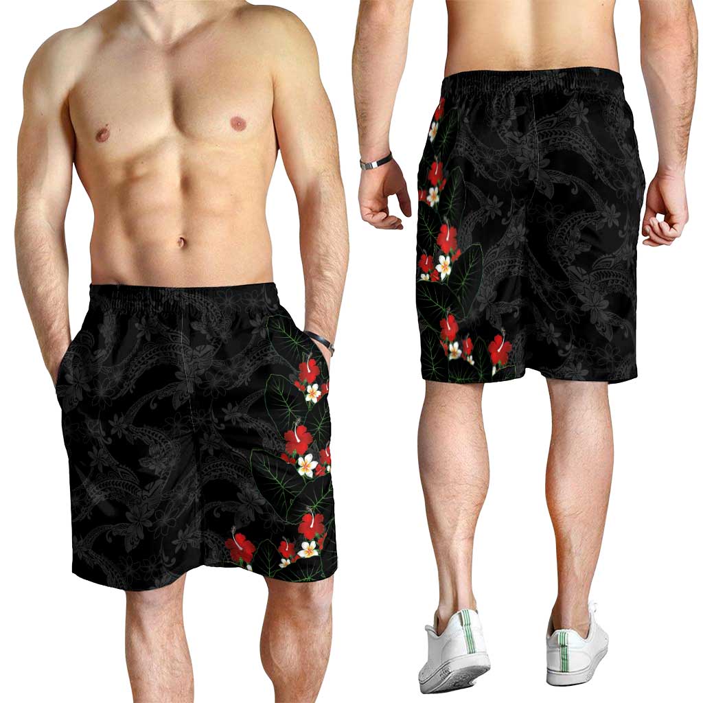 Hawaiian Taro Leaves-Hibiscus and Plumeria Shorts for Men Floral Tribal Tattoo Motif