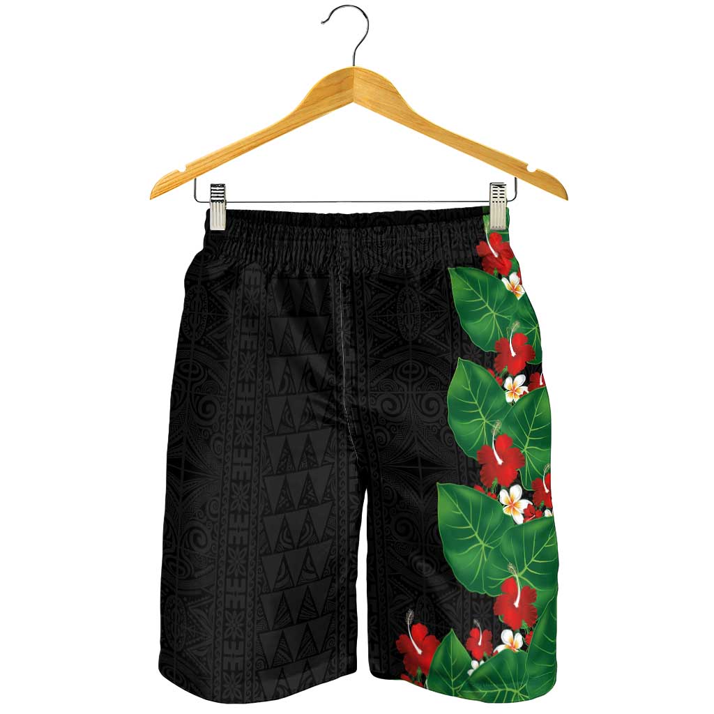 Hawaiian Taro Leaves-Hibiscus and Plumeria Shorts for Men Polynesian Art-Kakau Tattoo Black