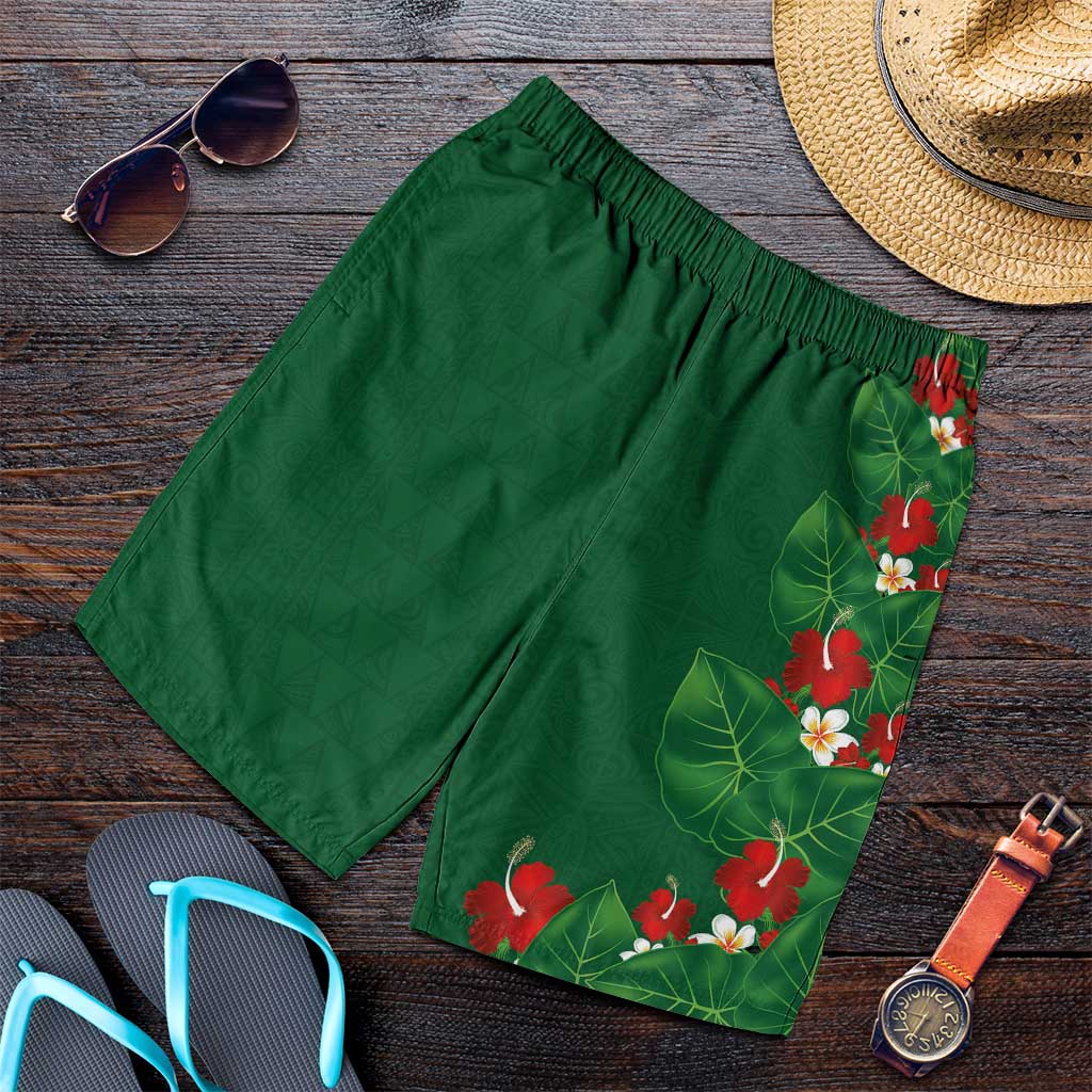 Hawaiian Taro Leaves-Hibiscus and Plumeria Shorts for Men Polynesian Art-Kakau Tattoo Green