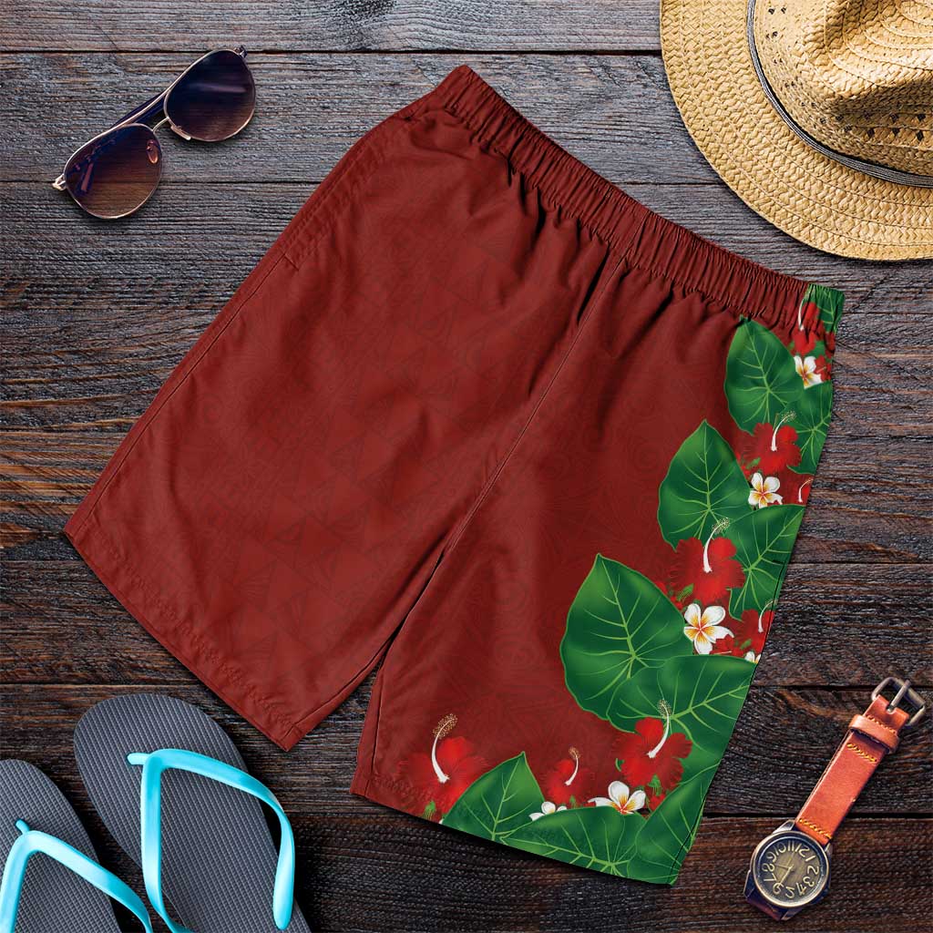 Hawaiian Taro Leaves-Hibiscus and Plumeria Shorts for Men Polynesian Art-Kakau Tattoo Red