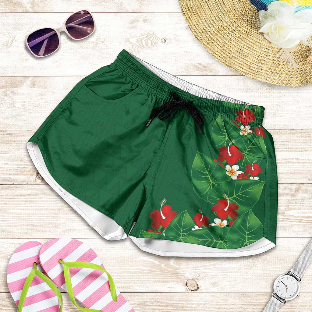 Hawaiian Taro Leaves-Hibiscus and Plumeria Shorts for Women Polynesian Art-Kakau Tattoo Green